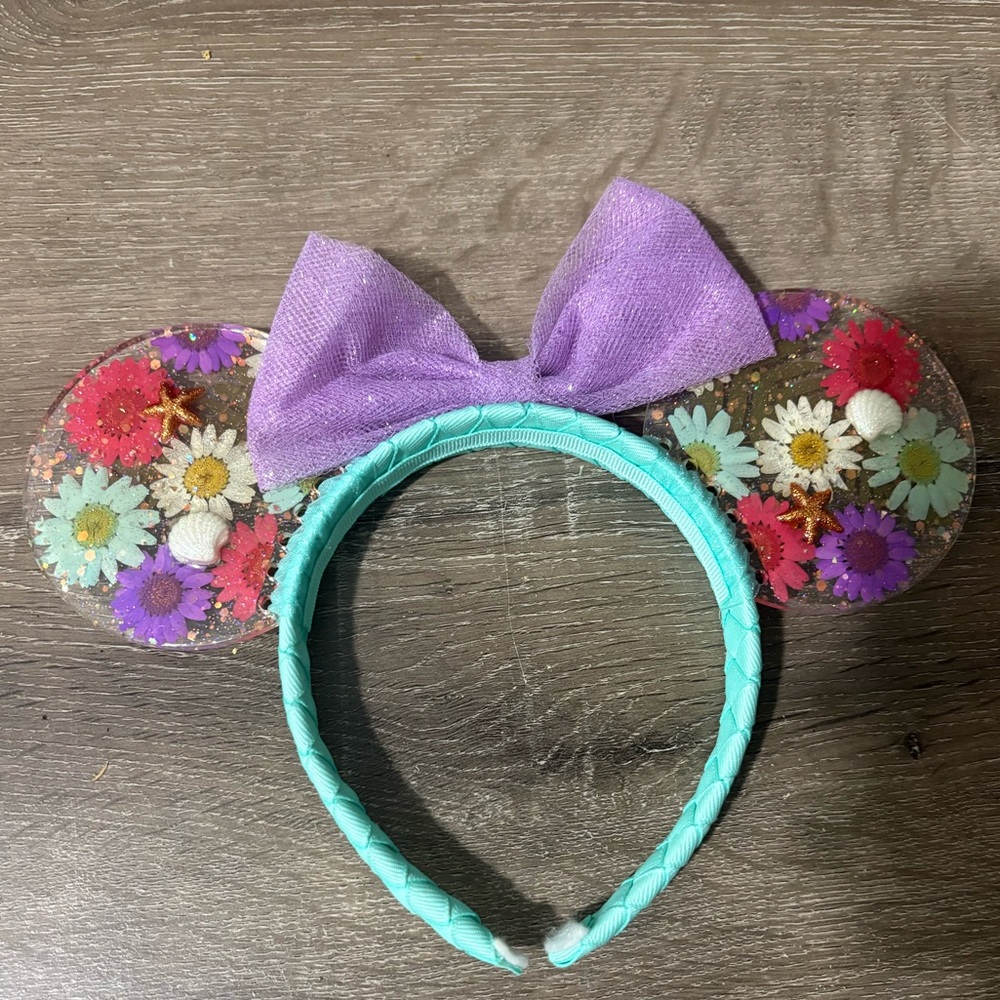 Floral Ear Headband with Purple Bow and Ocean Accents